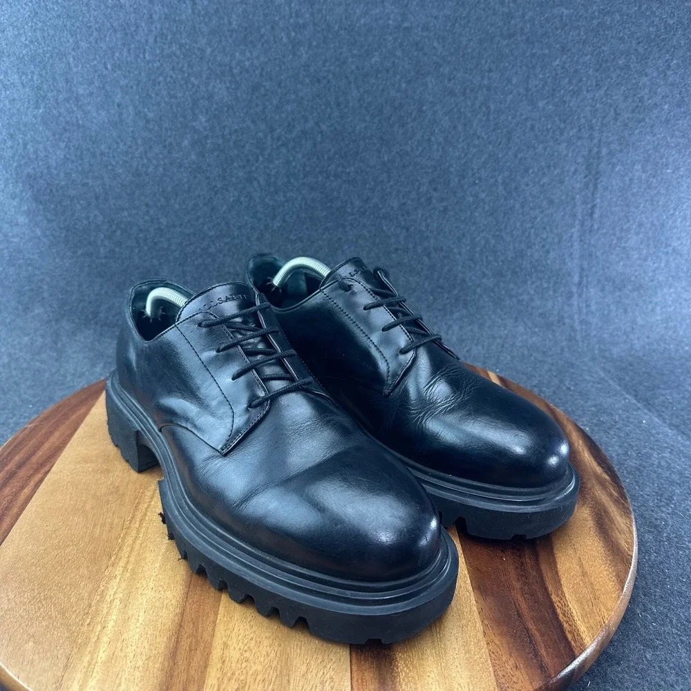 AllSaints Mens Black Leather Chunky Lug Sole Derby Jarred Shoes EU 44 US 11